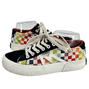 Vintage Mudd Rainbow Checkered Platform Sneakers Canvas Black Suede Accent | 7